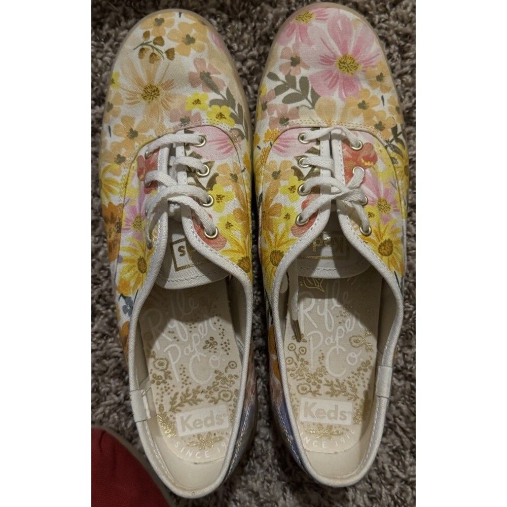 EUC Keds X Rifle Paper Co Champion Marguerite Pink/Yellow Floral Women 10